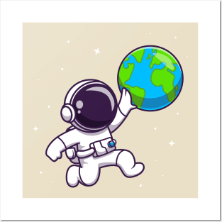 Cute Astronaut Playing Earth Ball Cartoon Posters and Art